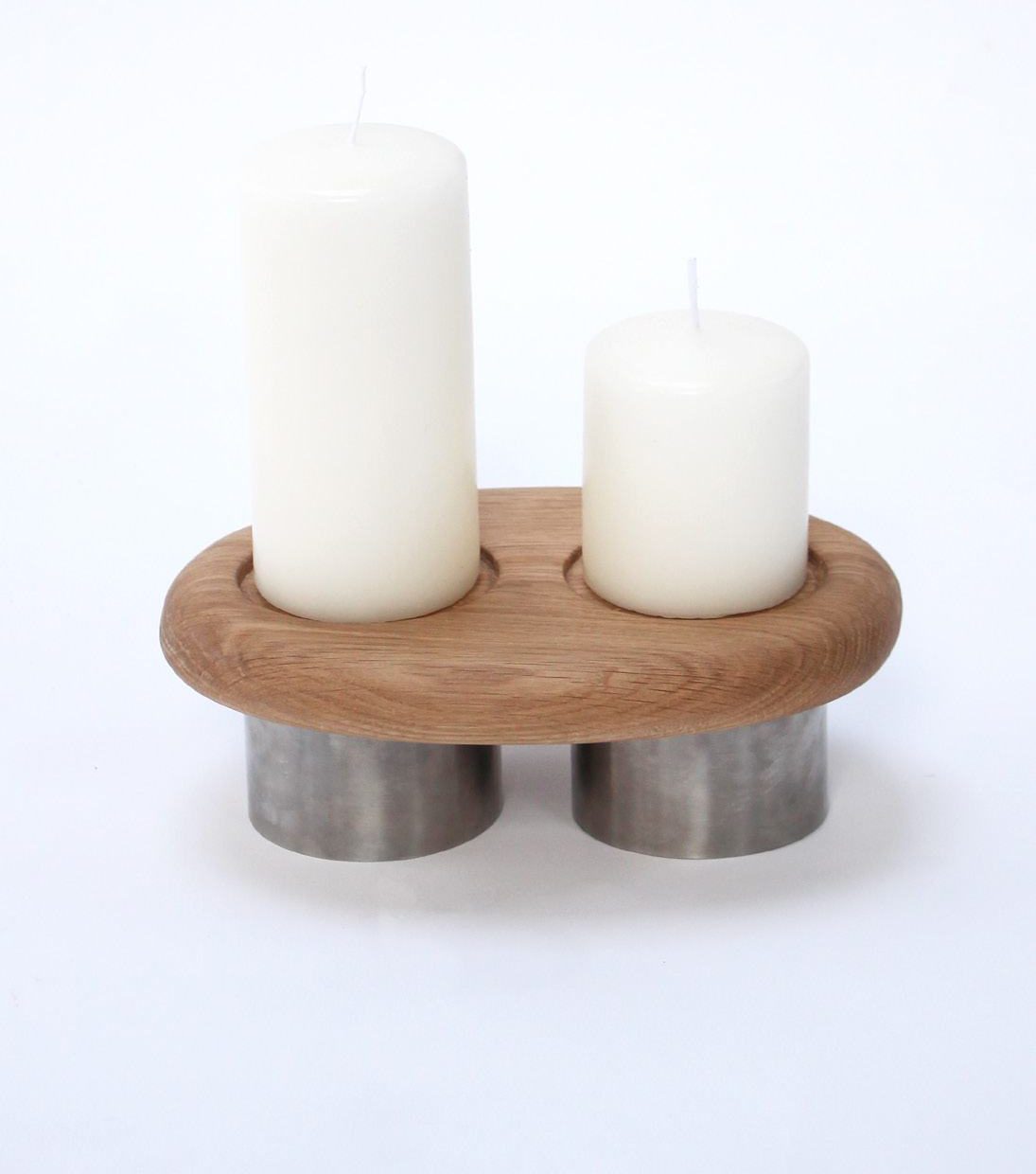 Coalesce twin candle holder, oak base on two steel legs